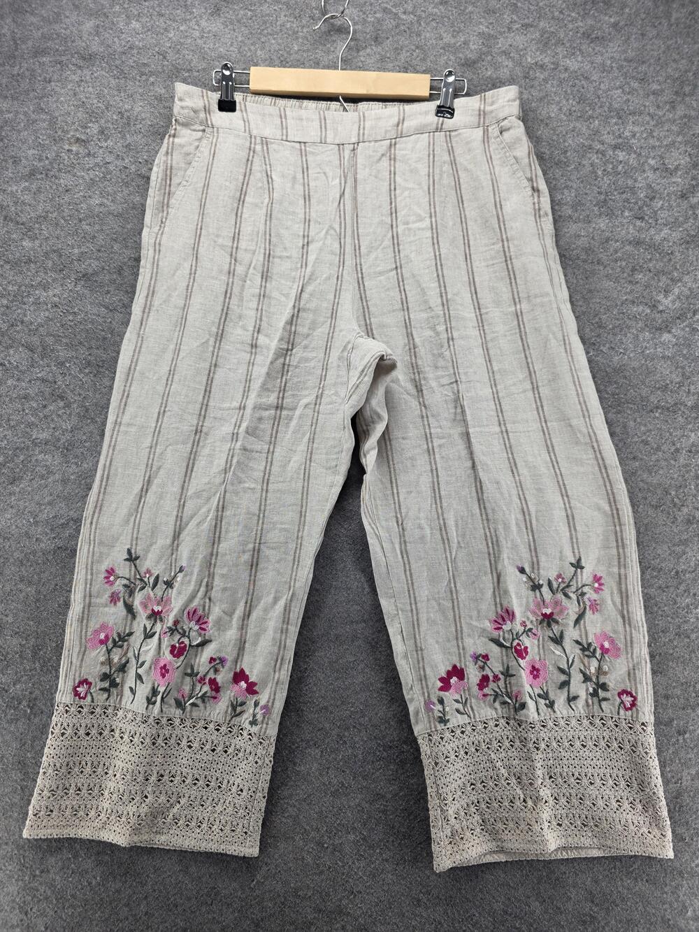 Coldwater Creek Pants Womens PL Beige Cropped Wide Leg Striped Floral 24.5 In